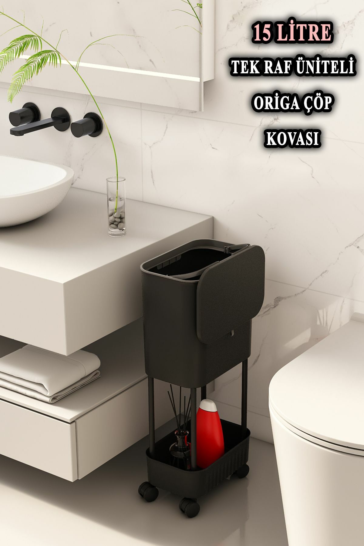 Origa Tek Raf Üniteli Tekerlekli Fonksiyonel Kapaklı Banyo Ve Mutfak Çöp Kovası Siyah
