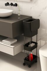 Origa Çift Raf Üniteli Tekerlekli Fonksiyonel Kapaklı Banyo Ve Mutfak Çöp Kovası Siyah