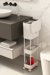 Origa Çift Raf Üniteli Tekerlekli Fonksiyonel Kapaklı Banyo Ve Mutfak Çöp Kovası Beyaz