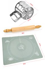Hamur Açma Matı Silikon Gri 40x50cm + Un eleği pratik basmalı + Ahşap Merdane 48cm