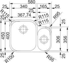 Franke Baccini, AMX 160 Tezgah altı, 580 x 450mm, İnox, 1,5 gözlü eviye