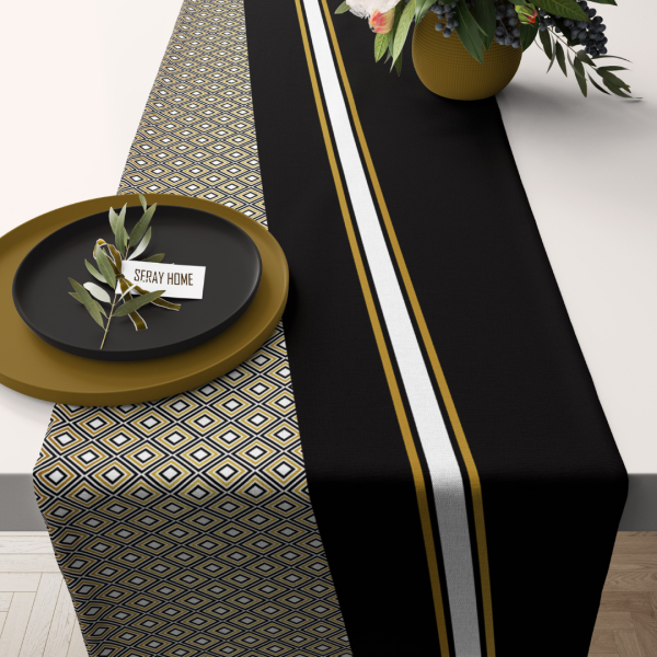 Siyah Gold Geometrik Desenli Kadife Runner 45x150 cm