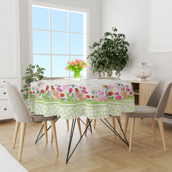 140 cm Yeşil Bordürlü Yaz Çiçekleri Kuşlu Krem Zeminli Yuvarlak  Masa Örtüsü