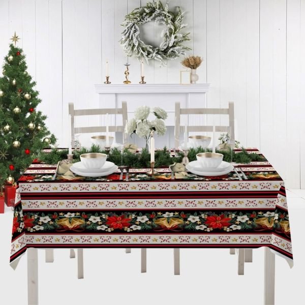 Yılbaşı Christmas Ortası Çiçekli Çanlı Şekerli 140x200 cm Masa Örtüsü