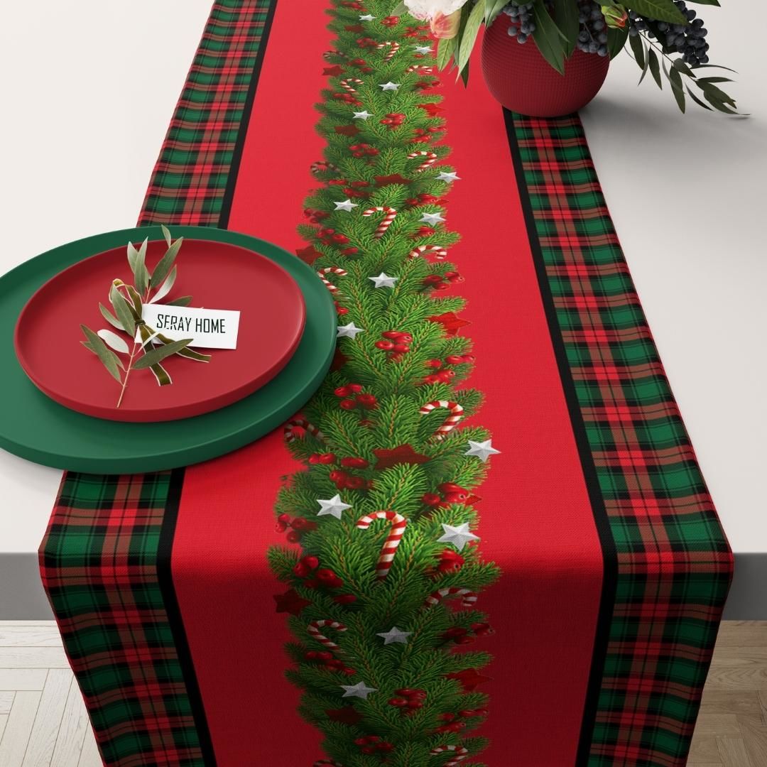 Yılbaşı Christmas Çam Dalları Garland Kırmızı Runner 43x147 cm
