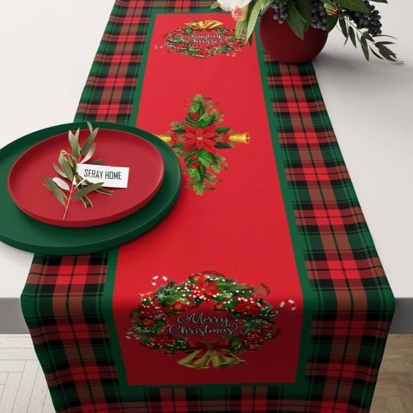 Yılbaşı Christmas Çelenk Kırmızı Ekoseli Runner 43x147 cm