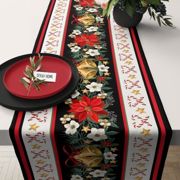 Yılbaşı Christmas Ortası Çiçekli Çanlı Şekerli Runner 43x147 cm