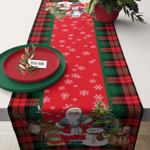 Yılbaşı Christmas Noel Babalı Kardan Adamlı Kırmızı Ekoseli Runner 43x147 cm