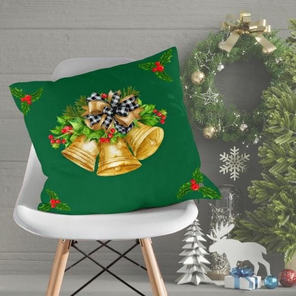 Yılbaşı Christmas Yeşil Gold Noel Çanı Çift Tarafı Desenli Kırlent Kılıfı 43x43 cm