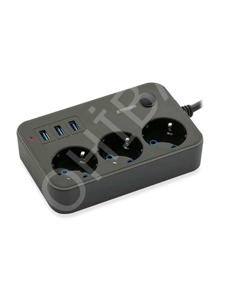 Akım Korumalı Priz 3 USB li girişi olan 3m uzatma kablosu Siyah