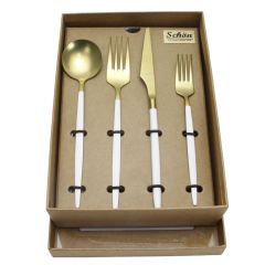 Schön Main 6 Kişilik Çatal Kaşık Bıçak Seti Mat Gold Beyaz 24 Parça