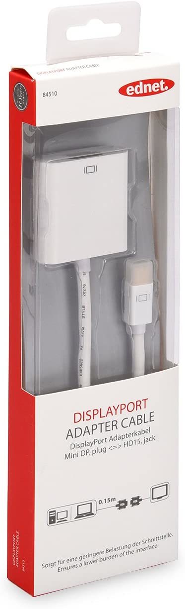 DisplayPort - VGA Adaptör Kablosu DP Erkek- HD15 Dişi, 0.15 metre, DP 1.1a uyumlu, UL, beyaz