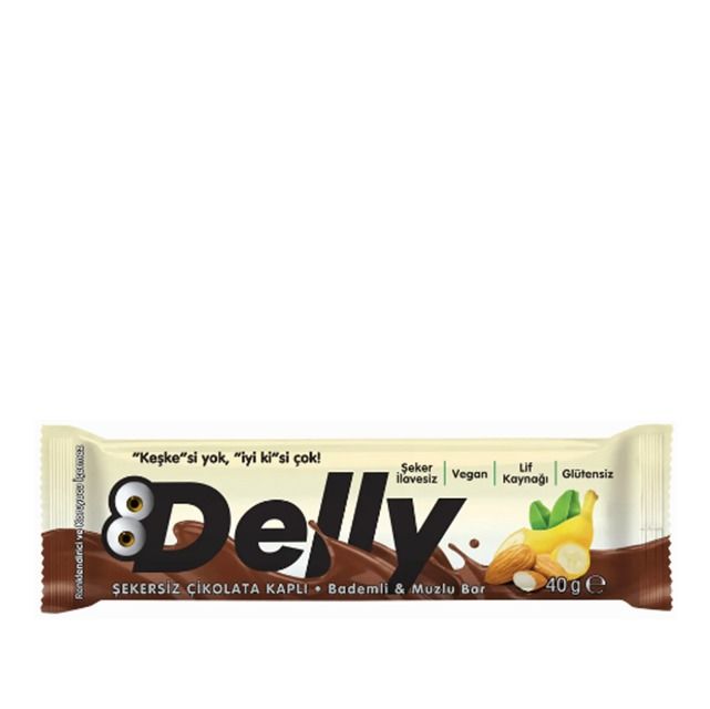 Delly Şekersiz Çikolata Kaplı Bademli & Muzlu Bar 40 g