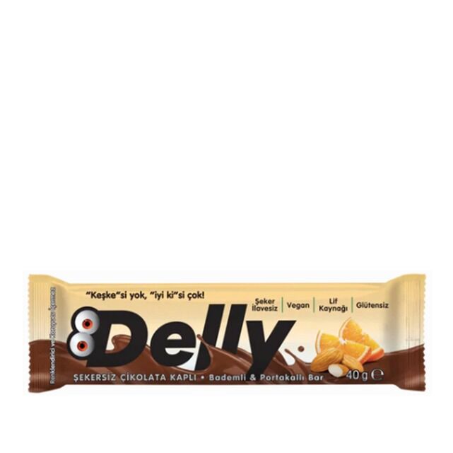 Delly Şekersiz Çikolata Kaplı Bademli & Portakallı Bar 40 g