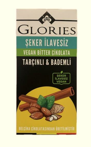 Glories Şekersiz Vegan Tarçınlı & Bademli Bitter Çikolata 55 g