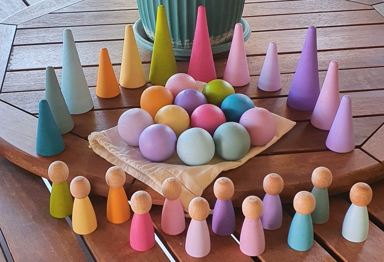 Waldorf Pastel Set 12'şerli -   Pegler + Piramitler + Toplar KırtKırt Ahşap