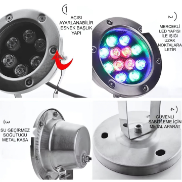 Led Havuz ve Fıskiye Aydınlatma Spot Armatürü 6-9 Watt 12 Volt Metal Kasa