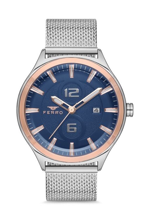 Ferro F11090C-E3 Quartz Hasır Gri Lacivert Kadran 43 mm Erkek Kol Saati
