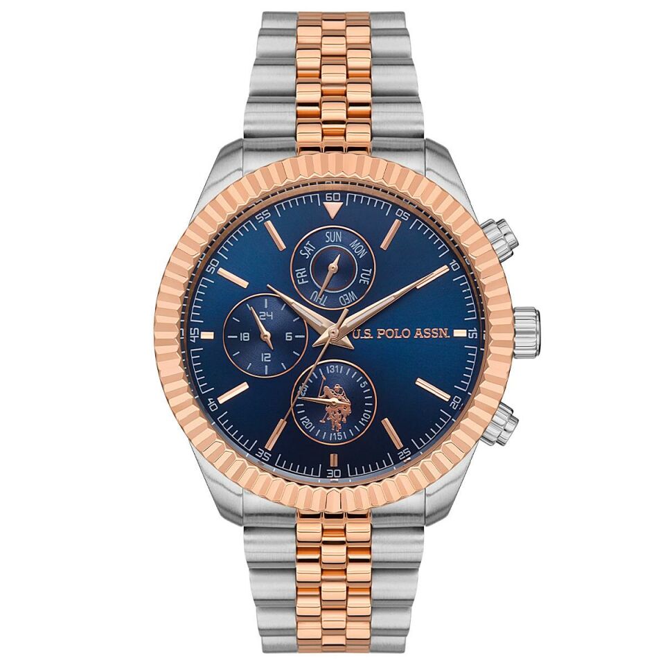 U.S. Polo Assn. USPA1054-04 Quartz Çelik Rose Gold/Metalik Gri Mavi Kadran 44 mm Erkek Kol Saati