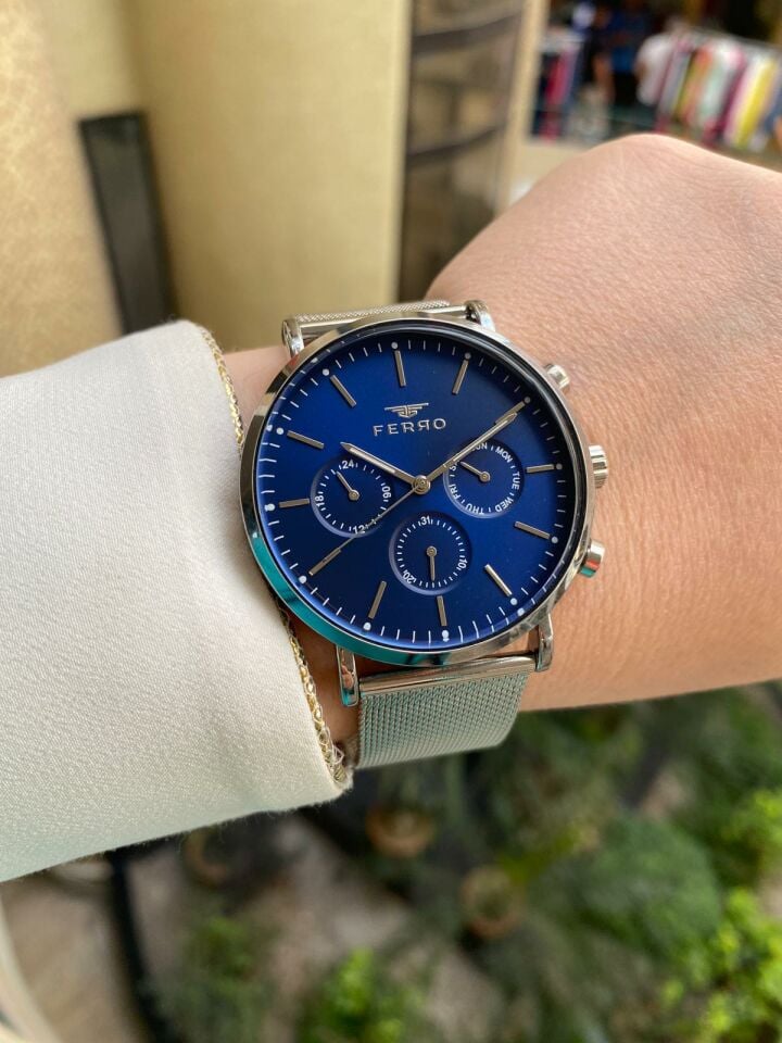 Ferro  FM40065C-134-A Quartz 42 mm Gümüş Hasır Lacivert Kadran Erkek Kol Saati