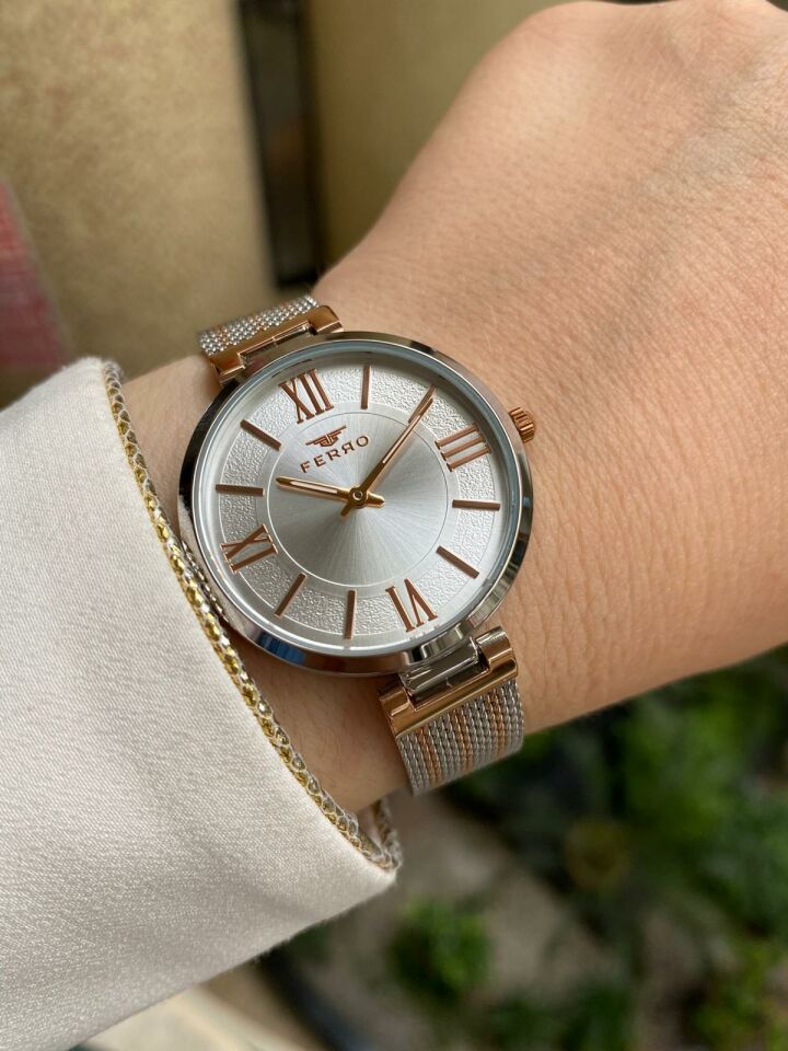 Ferro Rose ve Gümüş Hasır Kordon Kadın Kol Saati F21155C-E F21155C-E