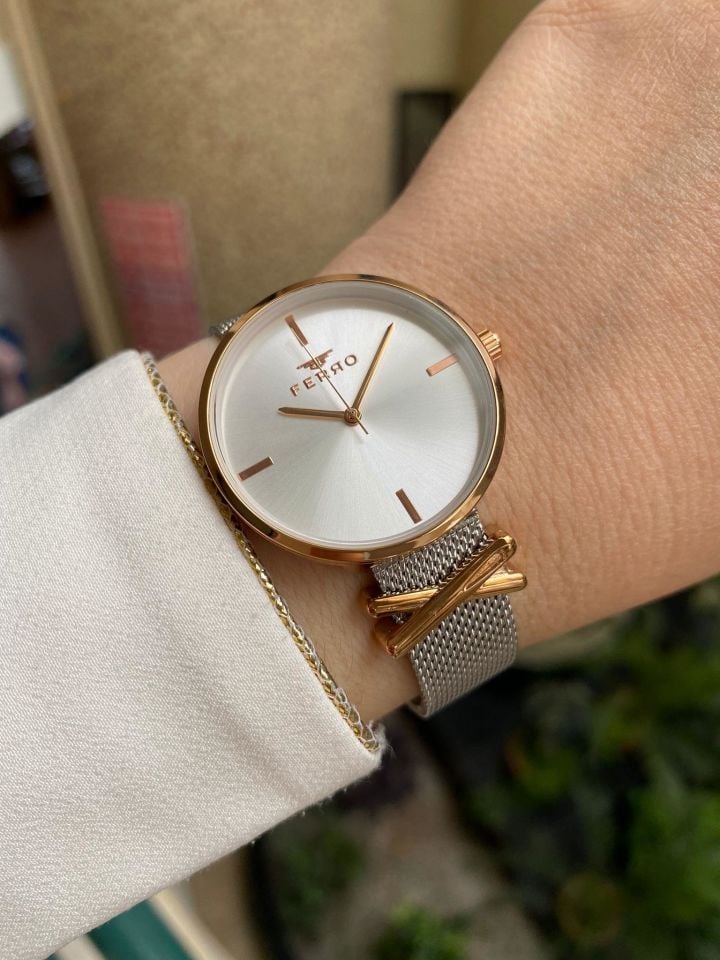 Ferro 34 mm Gümüş ve Rose Hasır Kordon Kadın Kol Saati F2986C-978-E F2986C-978-E