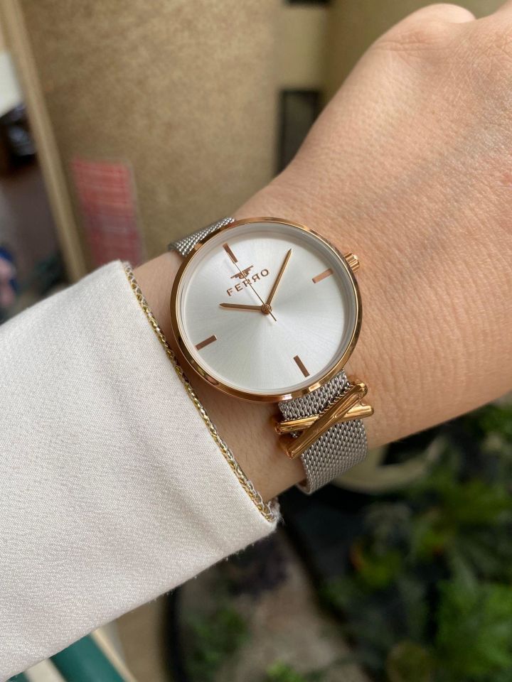 Ferro 34 mm Gümüş ve Rose Hasır Kordon Kadın Kol Saati F2986C-978-E F2986C-978-E