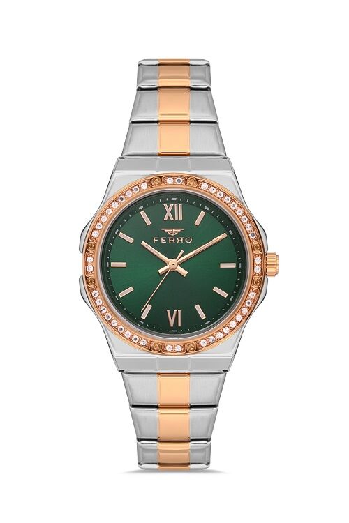 Ferro FL21358A-E6 Quartz Çelik Rose/Gri Yeşil Kadran 34 mm Kadın Kol Saati