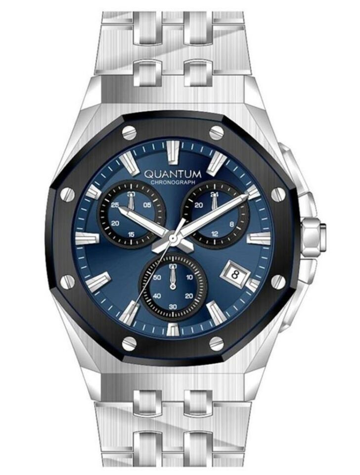 Quantum HNG1063.390 Quartz Kronograflı Çelik Gri Lacivert Kadran 46 mm Erkek Kol Saati