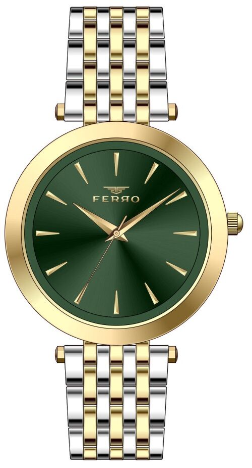 Ferro FL21331A-D6 Quartz Çelik Altın/Gri Yeşil Kadran 34 mm Kadın Kol Saati