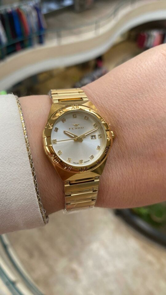 Ferro Quartz Çelik Altın Rengi 32 mm Kelebek Kilitli Kadın Kol Saati
