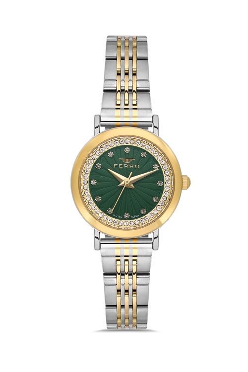 Ferro Quartz Çelik Altın/Gri Yeşil Kadran 21 mm Kadın Kol Saati