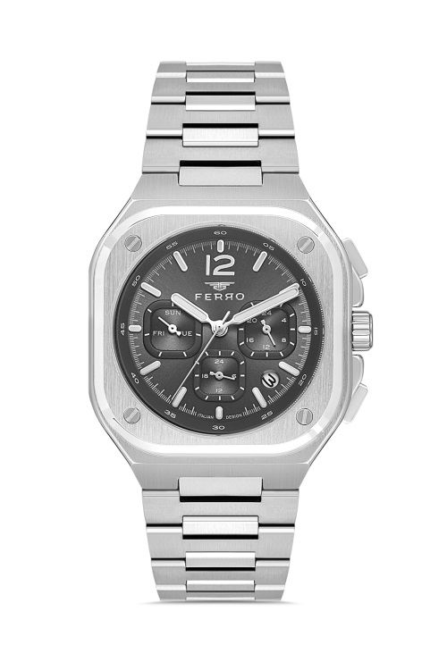Ferro FM11497AWT-A2 Quartz Çelik Gri Siyah Kadran 42 mm Erkek Kol Saati