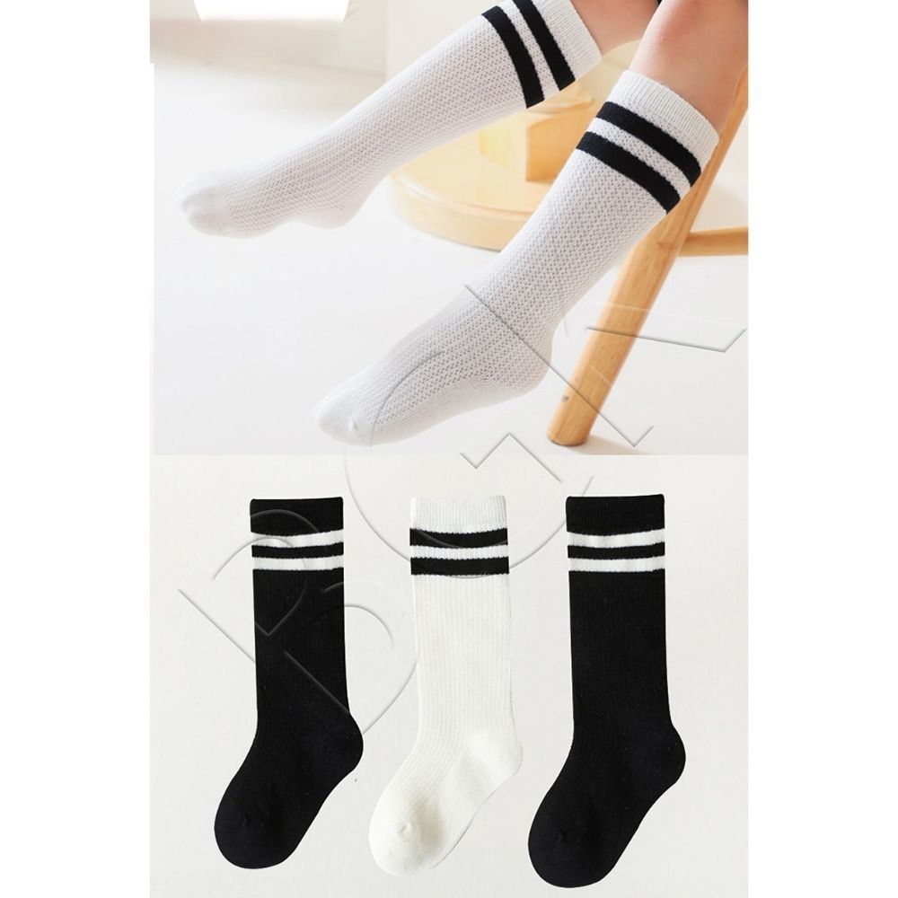 Bgk 3 Çift Çocuk Dizaltı Siyah Beyaz Çorap