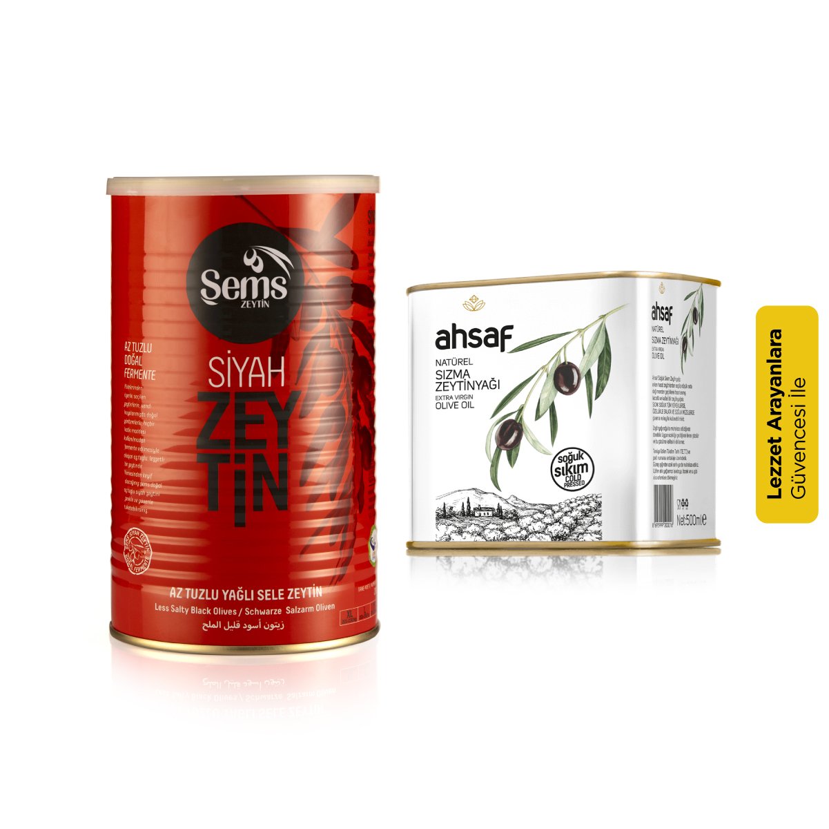 Avantajlı Zeytin+Yağı Paketi (Ahsaf Soğuk Sıkım Zeytinyağı 500 ml + Şems Siyah Zeytin 291-320 900gr)