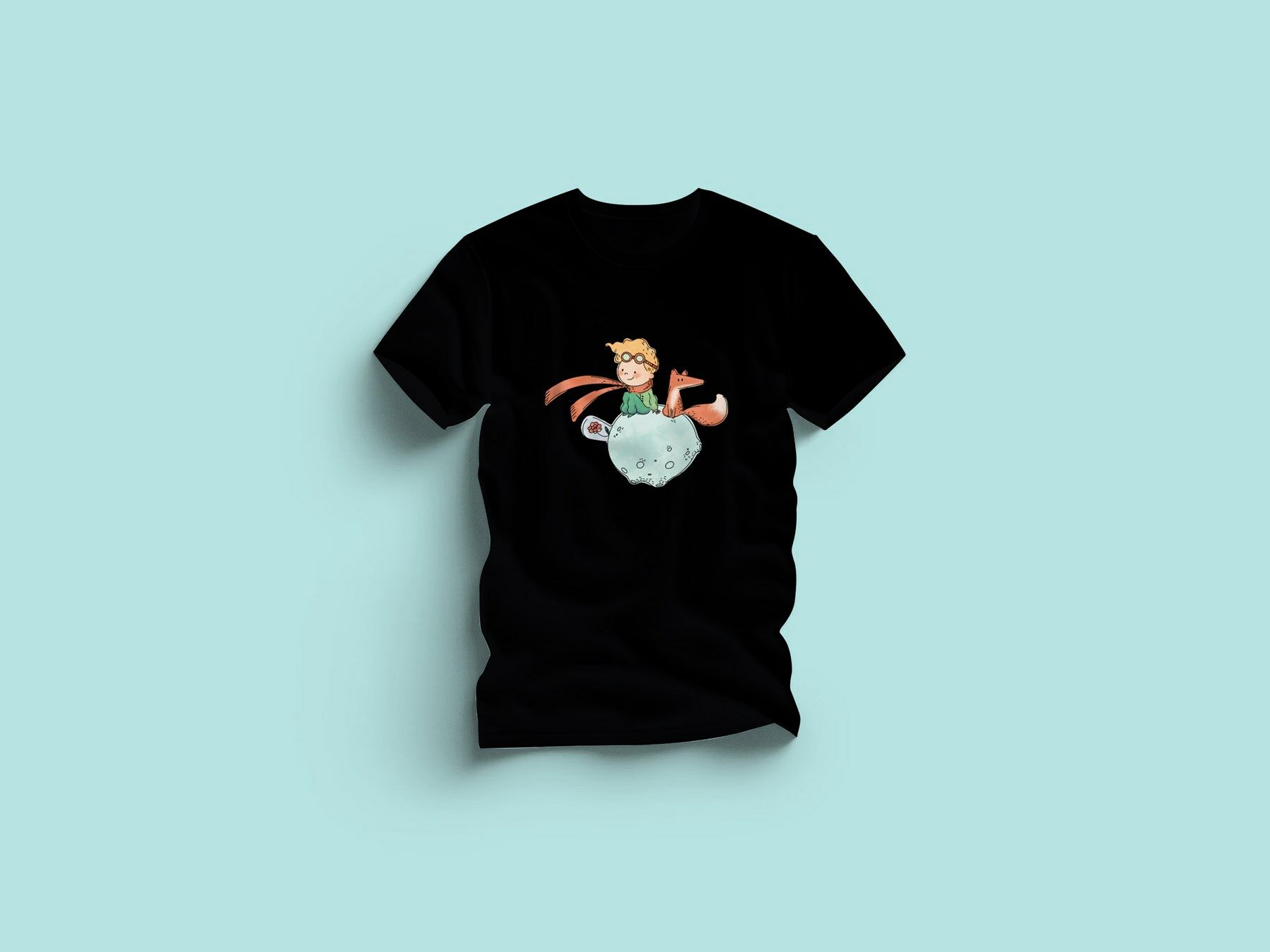 Kaliteli Penye Kadın Erkek Yetişkin Baskılı Beyaz Gri Siyah Tshirt Küçük Prens Siyah