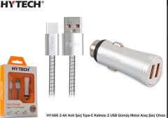 Hytech HY-X66 Araç Şarj Cihazı 3.4A Hızlı Şarj Type-C Kablolu 2 USB Gümüş Metal Araç Şarj Cihazı