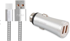 Hytech HY-X66 Araç Şarj Cihazı 3.4A Hızlı Şarj Type-C Kablolu 2 USB Gümüş Metal Araç Şarj Cihazı