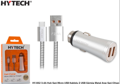 Hytech HY-X62 Araç Şarj Cihazı 3.4A Hızlı Şarj Micro USB Metal Korumalı Kablolu 2 USB Gümüş Metal