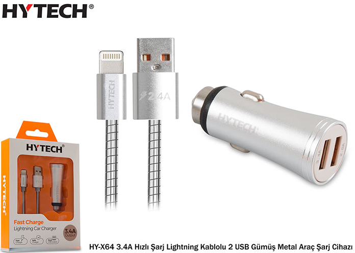 HYTECH HY-X64 ARAÇ ŞARJ CİHAZI 3.4A HIZLI ŞARJ LİGHTİNG KABLOLU 2 USB GÜMÜŞ METAL HIZLI ŞARJ CİHAZI