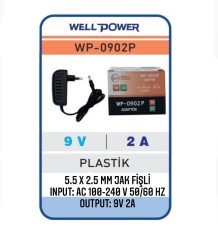 WELLPOWER WP-0902P 9V 2A ADAPTÖR 9 VOLT 2 AMPER  5.5 x 2.5 MM JAK FİŞLİ PLASTİK KASA