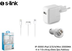 S-LINK IP-5550 TELEFON ŞARJ KABLOSU 2000MA IPAD 2/3/4 MİNİ 4 İN 1 EV+ARAÇ+DATA ŞARJ KABLOSU