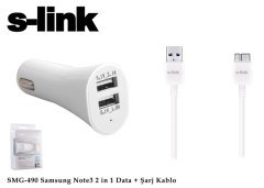 S-link SMG-490 Araç Şarj Adaptörü ve Şarj Kablosu Micro Usb Samsung Note3/S5 2000MA 2li Usn