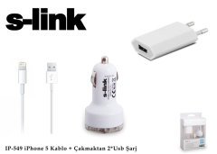 S-link IP-549 Telefon Şarj Seti 3'lü  iPhone 5 + iPad Mini 2000MA 3 in 1 Ev+Araç+Data Şarj Kablosu