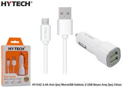 Hytech HY-X42 Araç Şarj Cihazı 3.4A Hızlı Şarj MicroUSB Kablolu 2 USB Beyaz