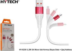 Hytech HY-X230 TELEFON ŞARJ CİHAZI 1.2M 3A 15W MİCRO USB DATA/ŞARJ KABLOSU KIRMIZI/BEYAZ