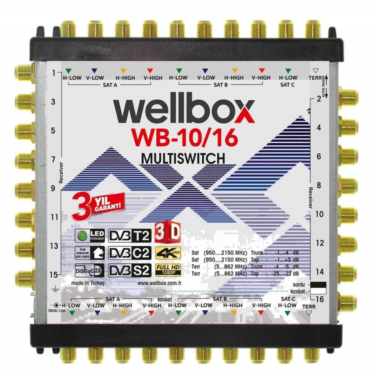 WELLBOX WB-10/16 UYDU SANTRALİ 10 GİRİŞ 16 ÇIKIŞ SONLU/ KASKATLI FULL HD MULTİSWİTCH UYDU SANTRALİ