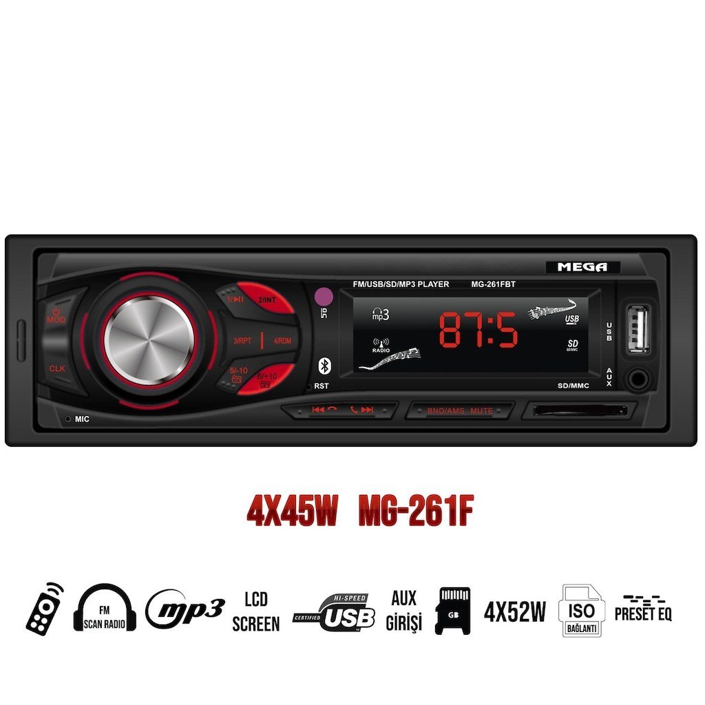 MEGA MG-261FBT OTO TEYP USB/SD/MMC/FM RADYO/BLUETOOTH 4x45W RENKLİ LED EKRAN