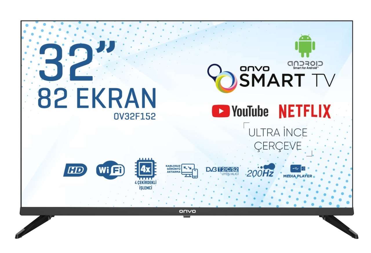 LED TV 32'' 82 EKRAN ÇERÇEVESİZ HD HAZIR ANDROID SMART LED DAHİLİ UYDU ALICISI-WİFİ TV ONVO OV32F152