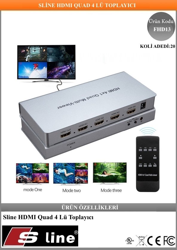 S-Line FHD13 HDMI 4x1 Quad Multi-Viewer 1 HDMI Giriş Ekranı 4 Bölen 4 Girişli HDMI Bölücü